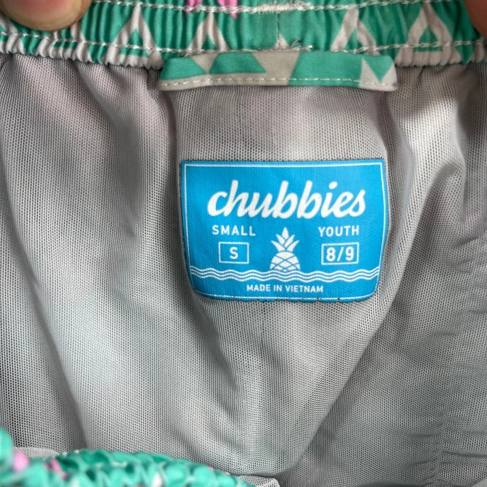 Chubbies Swim Trunks Youth Small 8/9 Teal Pink Aztec Geometric Summer Beachwear